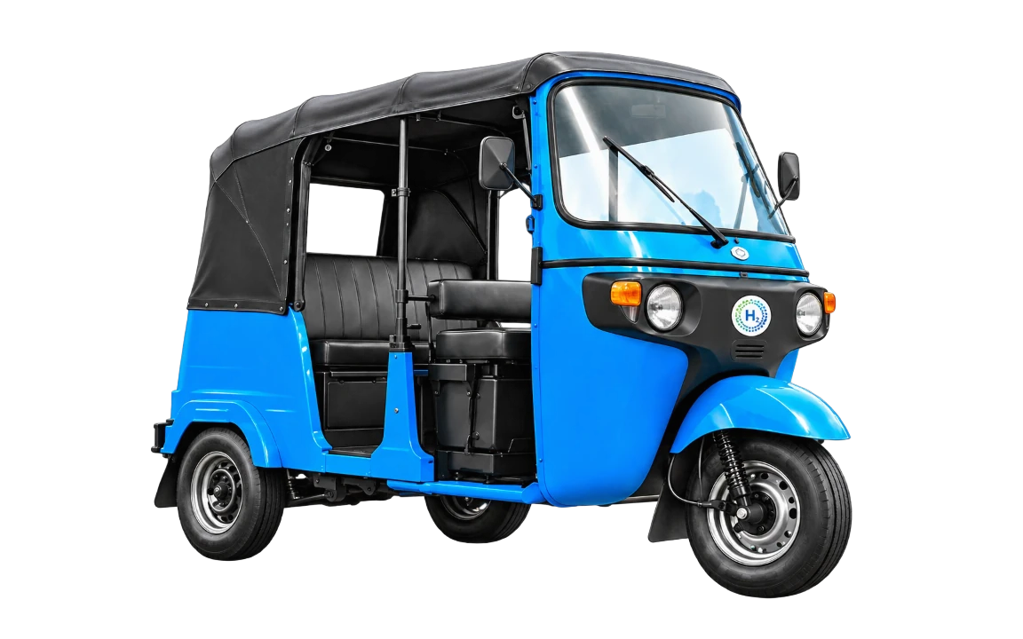 Blue auto rickshaw fitted with a hydrogen conversion kit